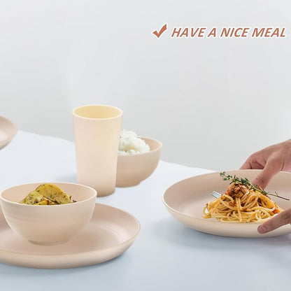 18pcs Wheat Straw Dinnerware Sets Service for 6 SANLUNS Unbreakable Reusable Dinnerware Set Kitchen Cups Round Plates and Bowls Sets Microwave Dinnerware Set for Kitchen Travel Camping