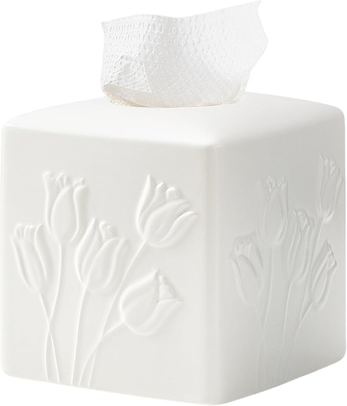 White Ceramic Tulips Tissue Box Cover - Modern Square Decorative Organizer for Facial Tissues, Farmhouse Style Home Decor for Bathroom, Bedroom, Living Room & Office