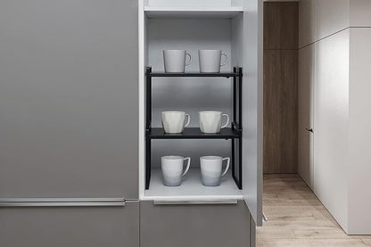 Nxconsu Cabinet Shelf Organizer Expandable, 8.6 Inch Deep Adjustable 13 to 24 Inch Metal Shelf Riser for Kitchen Pantry Cupboard Countertop Under Sink, Heavy Duty Stackable Storage Rack, Black