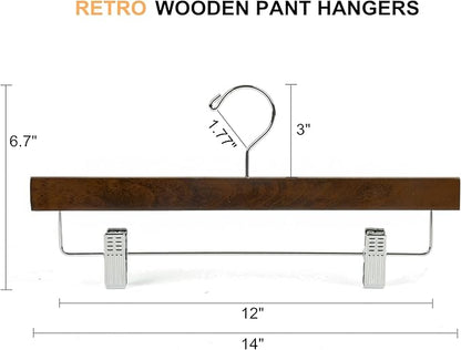 Amber Home 24 Pack Retro Wooden Pants Hangers with Clips, Walnut Wood Bottom Jeans Skirt Hanger, Clip Hanger for Trousers, Slacks, Shorts (Vintage, 24)