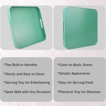 Square Green Decorative Serving Tray with Handles, Versatile Ottoman Tray for Coffee Table, Entertaining, Outdoor Patio, Living Room, 13”*13”*1.6”