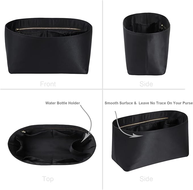 Purse Organizer Insert For Handbags, Silk Purse Organizer with Zipper, Silky Smooth, Bag Organizer For Speedy Neverfull Tote,onthego,Artsy, 6 Sizes(Slender Large, Silky Black)