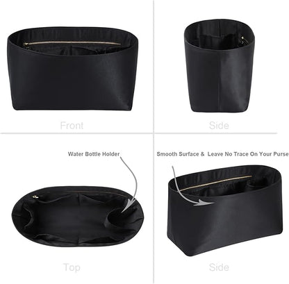Purse Organizer Insert For Handbags, Silk Purse Organizer with Zipper, Silky Smooth, Bag Organizer For Speedy Neverfull Tote,onthego,Artsy, 6 Sizes(Slender Large, Silky Black)