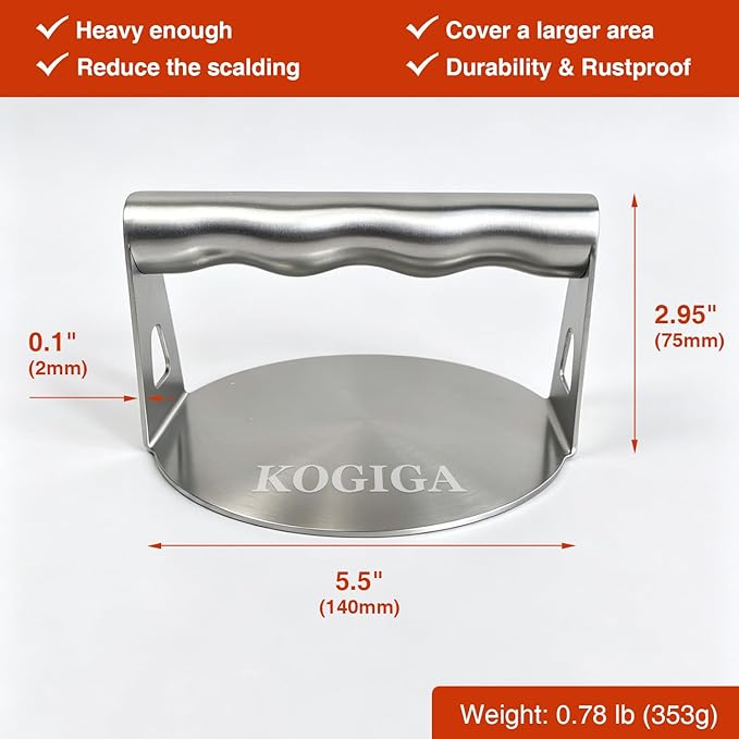 Smash Burger Press, Hamburger Smasher Tool for Griddle, Stainless Steel Ham Patty Press with Ergonomical Handle Handle, 5.5" Round Grill Weight Press, for Cooking Beef Bacon Steak