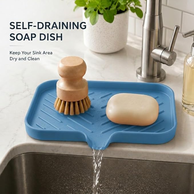 MicoYang Silicone Soap Dish with Drain Spout — Self-Draining Sink Organizer Tray for Bathroom & Kitchen, Sponges, Dispensers & Soap Holder, Non-Slip & Dishwasher Safe, Lichen Blue (Medium, 9.6"×5.3")