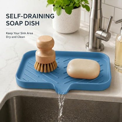 MicoYang Silicone Soap Dish with Drain Spout — Self-Draining Sink Organizer Tray for Bathroom & Kitchen, Sponges, Dispensers & Soap Holder, Non-Slip & Dishwasher Safe, Lichen Blue (Medium, 9.6"×5.3")