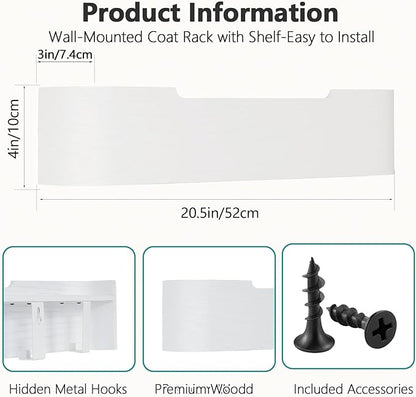 Coat Rack Wall Mount with Hidden Hooks Modern Key Holder Wood Entryway Hook with Shelf for Bedroom Kitchen Hallway Bathroom Designed for Hanging Coats Hats Bags Towels Dog Leashe(White,5 Hooks)