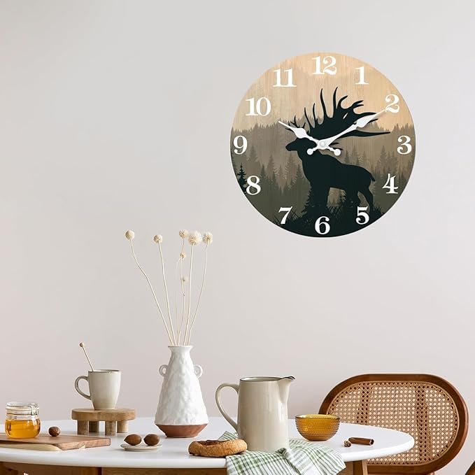 XFM Rustic Elk Deer Wall Clock 10 Inch Silent Wall Clocks Battery Operated Vintage Farmhouse Wooden Clocks Decorative for Living Room Bedroom Kitchen Cabin Decor
