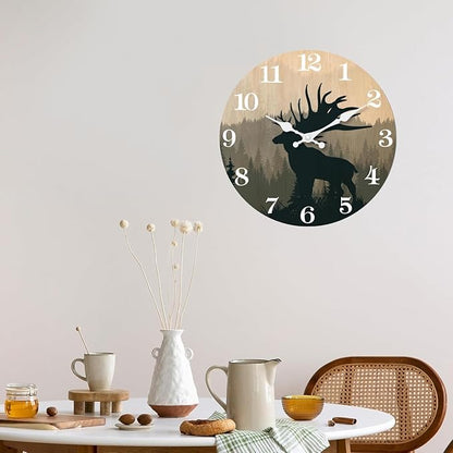 XFM Rustic Elk Deer Wall Clock 10 Inch Silent Wall Clocks Battery Operated Vintage Farmhouse Wooden Clocks Decorative for Living Room Bedroom Kitchen Cabin Decor