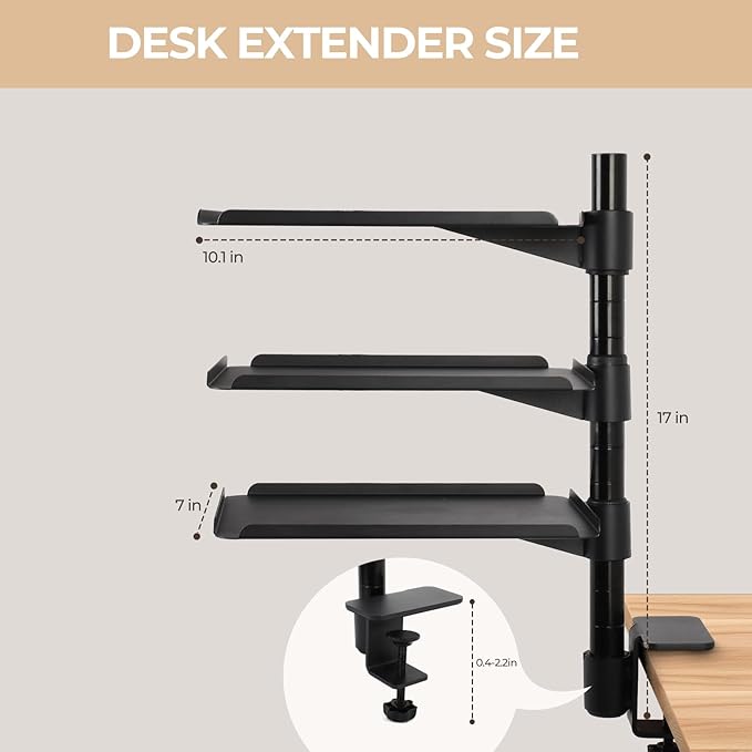 FAHKNS 3-Tier Clamp on Desk Shelf - Multifunctional Desk Clamp Shelf，Ergonomics Metal Desk Extension for Home/Office/Game Room，Tabletop Book Storage Rack，Desktop Thickness 0.4-2.2”