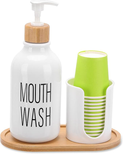 Mouthwash Dispenser with Cup Holder, Plastic White Mouth Wash Pump Bottle with Tray for Bathroom Organizers, 17oz Refillable Clear Mouthwash Container