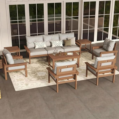 HDPE Outdoor Patio Furniture Set, 10-Piece Patio Conversation Set with 3-Seat Sofa, 4 Armchairs, 2 Side Tables & 1 Coffee Table, All-Weather Outdoor Sofa Set for Deck, Porch, Garden (Teak Frame)