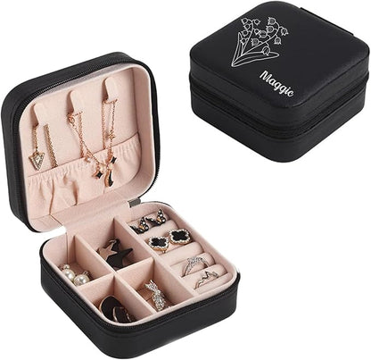 Personalized Jewelry Box, Custom Name Mini Jewelry Case with Birth Flower Jewelry Organizer Travel for Mothers Day Gifts, Birthday Gifts, Wedding Gifts for Mom Wife Girls