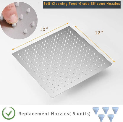 BESy 12 Inch Rain Shower Head, 12" Square Rainfall & High Pressure Stainless Steel Bath Shower Head, 1/16" Ultra Thin, Waterfall Full Body Coverage with Silicone Nozzle, Non Fingerprint Brushed Finish