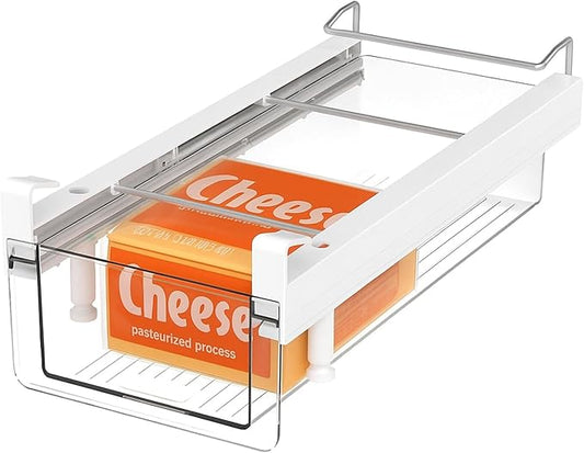 vacane Fridge Organizer Drawer, Clear Plastic Fridge Organizer Bins, Add on Refrigerator Drawer,Fridge Storage Container Under Shelf Holder for Fruit, Vegetable, Meat, Cheese, Easy to Install-M