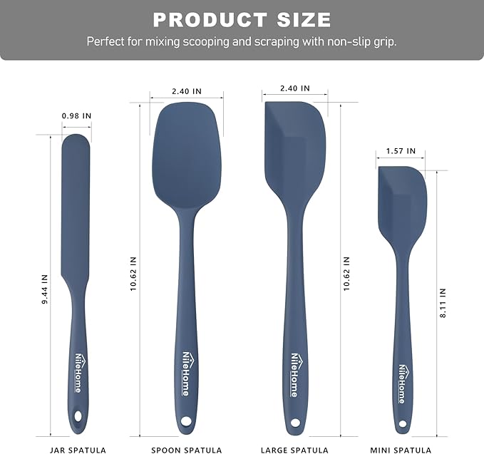 NileHome Silicone Spatula Set, Rubber Spatula High Heat-Resistant Premium BPA-Free One Piece Seamless Design Cooking Spatulas Utensils Set For Kitchen 4pack(Haze blue)