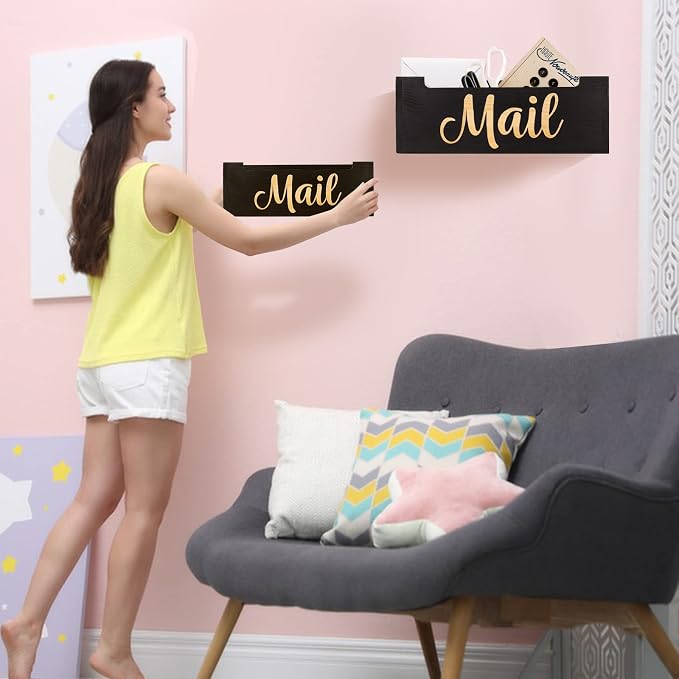 Mail Organizer Mail Holder Countertop, Rustic Wooden Mail Basket Mail Tray Letter Holder Box for Desk Home Office Wall Mount