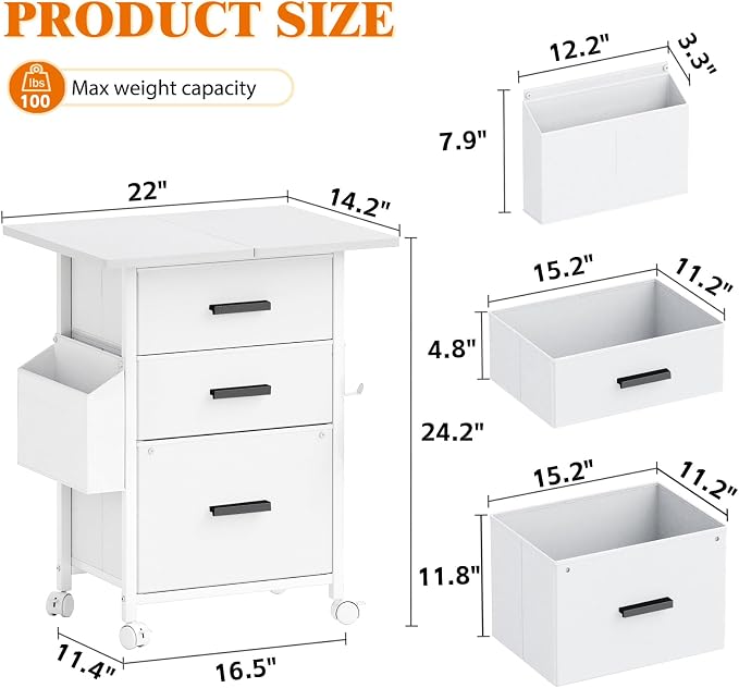 Mexin 3 Drawer File Cabinet with 22'' Extended Desktop, Mobile Filing Cabinet, Printer Stand, Rolling Printer Stand with Side Bag, Fabric Drawer, Fits A4 Size, Home Office, White