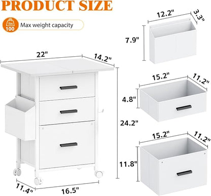 Mexin 3 Drawer File Cabinet with 22'' Extended Desktop, Mobile Filing Cabinet, Printer Stand, Rolling Printer Stand with Side Bag, Fabric Drawer, Fits A4 Size, Home Office, White