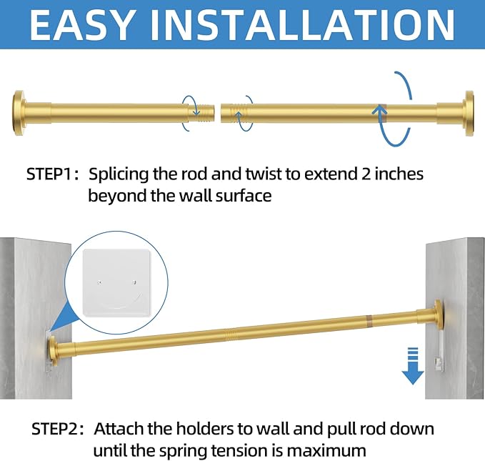 CorkLatta Gold Shower Curtain Rod,1 Inch Diameter Stainless Steel Adjustable Spring Tension Rods 32 to 92",with Holders,Anti-Slip,Curtain Rods No Drilling(1 Pack)