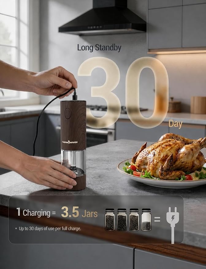 ThermoMaven Electric Salt and Pepper Grinder Set, 110ml Larger Rechargeable Automatic Salt and Pepper Mill Grinder with 6 Adjustable Coarseness, Electric Salt and Pepper Shakers, LED, Black Walnut