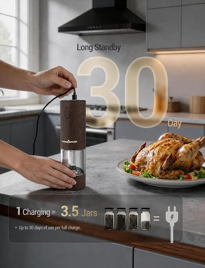 ThermoMaven Electric Salt and Pepper Grinder Set, 110ml Larger Rechargeable Automatic Salt and Pepper Mill Grinder with 6 Adjustable Coarseness, Electric Salt and Pepper Shakers, LED, Black Walnut