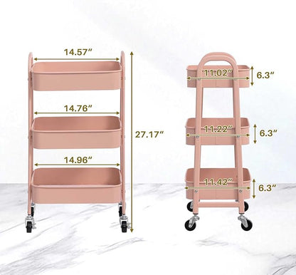 AGTEK Makeup Cart, Movable Rolling Organizer Cart, 3 Tier Metal Utility Cart, Rosiness