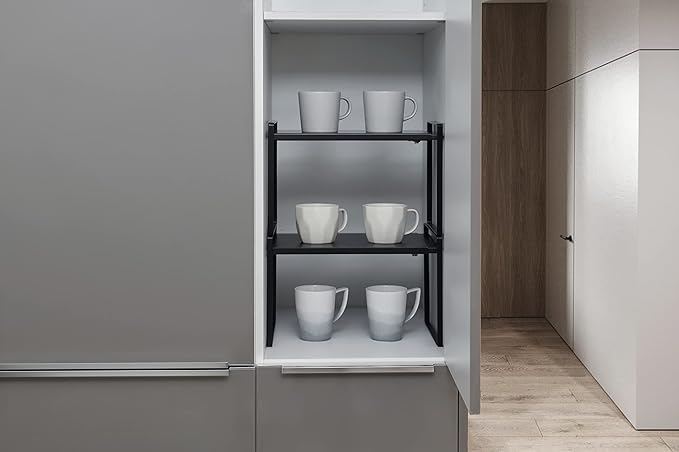 Nxconsu Cabinet Shelf Organizer Expandable, 10.3 Inch Deep Adjustable 13 to 24 Inch Metal Shelf Riser for Kitchen Pantry Cupboard Countertop Under Sink, Heavy Duty Stackable Storage Rack, Black