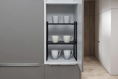 Nxconsu Cabinet Shelf Organizer Expandable, 10.3 Inch Deep Adjustable 13 to 24 Inch Metal Shelf Riser for Kitchen Pantry Cupboard Countertop Under Sink, Heavy Duty Stackable Storage Rack, Black
