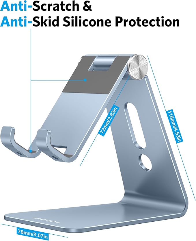 OMOTON Adjustable Cell Phone Stand, Aluminum Desktop Cellphone Stand with Anti-Slip Base and Convenient Charging Port, Fits All Smart Phones, Light Blue
