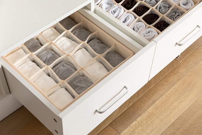 ALYER Collapsible Bra(A-C Cup) Drawer Organizer,Durable Cloth Storage Box Bins Dividers for Panties,Underwear,Socks,Lingerie(Beige-7 Cells)