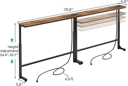 Kitstorack 2-Pack Narrow Console Table with Adjustable Height (25"-33") & 2 Power Outlets, Skinny Behind Couch Table, 78.8" Long x 5.9" Wide Sofa Side Table for Living Room, Rustic Brown | 2-Pack, Behind Sofa Couch