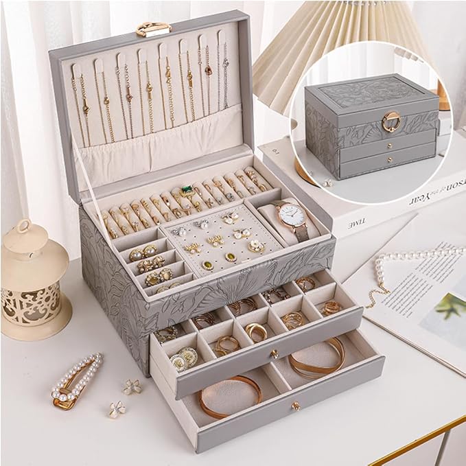 Jewelry Organizer Box, Large Jewelry Boxes for Women, 3-Layer Jewelry Holder Organizer for Necklace Earrings Rings Bracelets Storage, Gift for Her Mom