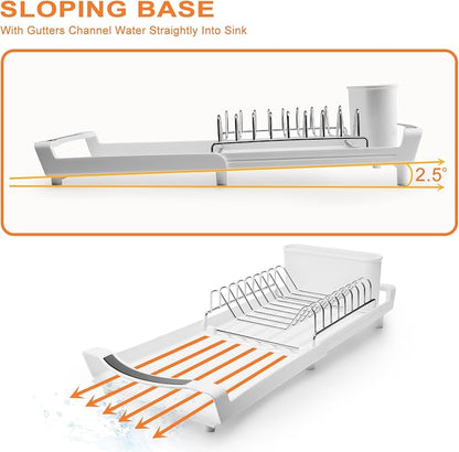 Dish Drying Rack Compact Expandable - A Space-Saving, Stainless Steel, Rust-Resistant Dish Drainer for Kitchen and Apartment Countertops/Sink Cabinets, Extendable from 11.42 to 19.9 inches (White)