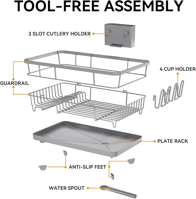 TOOLF Dish Drying Rack, Dish Racks for Kitchen Counter, Stainless Steel Sink Organization and Storage Essentials with Cutlery Holder, Dish Drainer, Home and Apartment Decor, 12.4''W x 16.5''L, Gray