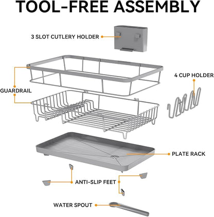TOOLF Dish Drying Rack, Dish Racks for Kitchen Counter, Stainless Steel Sink Organization and Storage Essentials with Cutlery Holder, Dish Drainer, Home and Apartment Decor, 12.4''W x 16.5''L, Gray