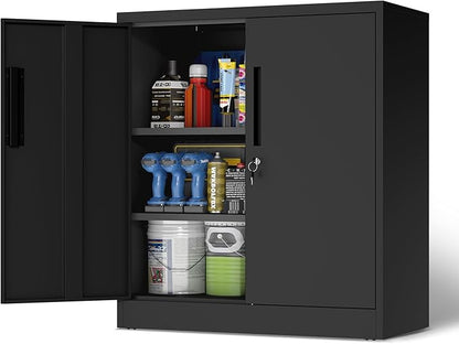 Garage Metal Storage Cabinet with Lock, H35.5 Short Storage Cabinet with Adjustable Shelves and Doors, Metal Tool Cabinet Lockable for Garage, Utility Room