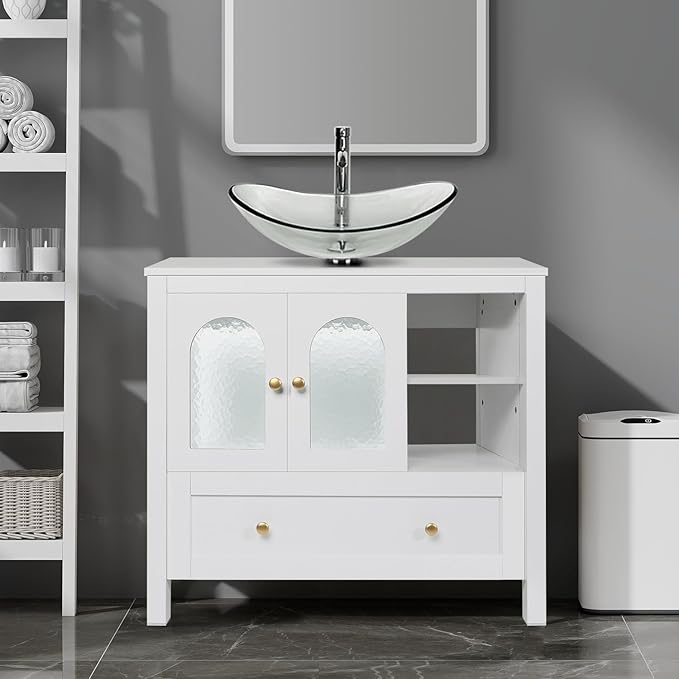 36 Inch White Bathroom Vanity with Water Ripple Design Door, Modern Stylish Cabinet with Clear Boat Glass Sink Top