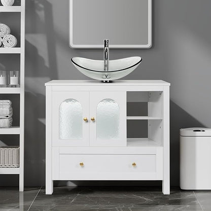 36 Inch White Bathroom Vanity with Water Ripple Design Door, Modern Stylish Cabinet with Clear Boat Glass Sink Top