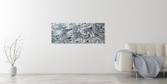 YHSKY ARTS Huge Silver Flower Metal Wall Art Hand Crafted Sculpture Set for Living Room Decor