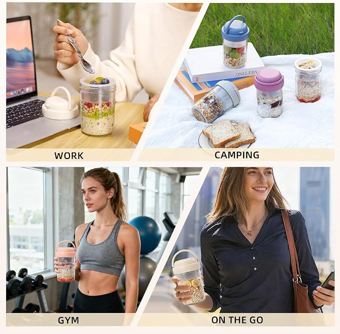 UWILLION Overnight Oats Containers with Handles, 16 oz Glass Mason Jars with Lids, Folding Spoons & Topping Compartments, Yogurt Parfait Cups for Meal Prep, Chia Pudding, Breakfast to Go, 4 Pack