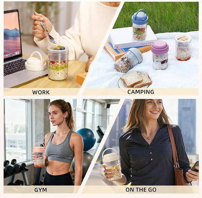 UWILLION Overnight Oats Containers with Handles, 16 oz Glass Mason Jars with Lids, Folding Spoons & Topping Compartments, Yogurt Parfait Cups for Meal Prep, Chia Pudding, Breakfast to Go, 4 Pack