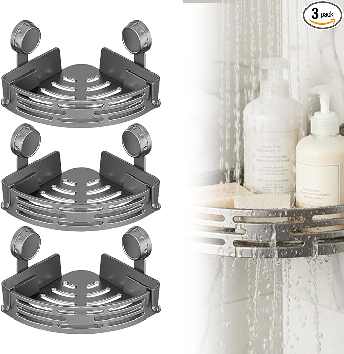 Triangle Suction Cup Corner Shelves No Drilling Bathroom Storage Rack, 2026 New Corner Shower Shelf Suction Cup Shower Caddy Corners Organizer Storage Rack Adhesive with Towel Bar (Gray three-layer)