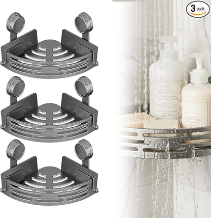 Triangle Suction Cup Corner Shelves No Drilling Bathroom Storage Rack, 2026 New Corner Shower Shelf Suction Cup Shower Caddy Corners Organizer Storage Rack Adhesive with Towel Bar (Gray three-layer)