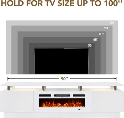 90" TV Stand for Living Room, Large Entertainment Center & Media Console, Fits TVs up to 100", Storage Cabinet with Shelves, 50" Electric Fireplace, All White