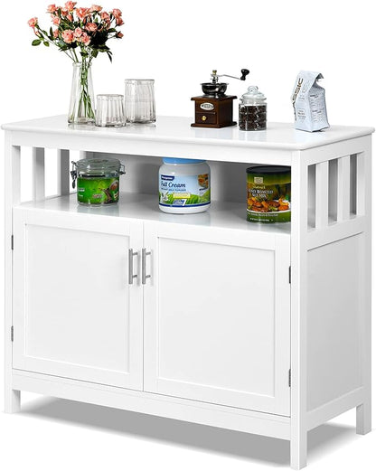 Giantex Kitchen Buffet Sideboard, Wooden Storage Server Cupboard Cabinet, Dining Room Living Room Bar Furniture 2-Door Console Table w/ 5-Position Adjustable Shelf & Open Shelf Drawer Cabinets (White)