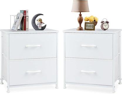 DUMOS Small Night Stand Set of 2 Fabric Drawer Dressers Short Bedside Tables for Room Organization Closet College Dorm Entry Storage 20 Inch Height Furniture,White