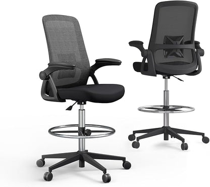 Drafting Chair,Tall Office Chair with Lumbar Support,Ergonomic Tall Desk Chair with Flip Up Armrests,Standing Desk Chair withAdjustable Footrest Ring,High Office Chair