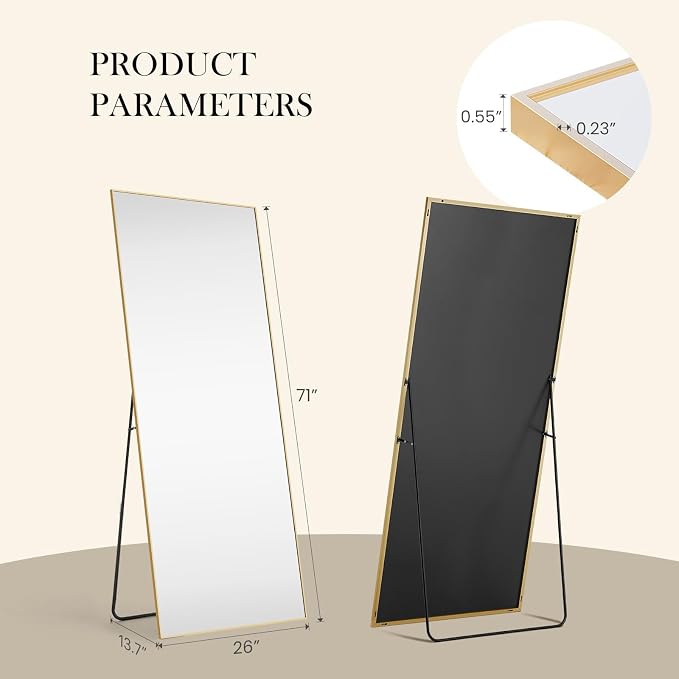 NEWBULIG Mirror Full Length, 71"x26" Body Wall Mirrors with Shatter-Proof Glass, Upgraded Floor Standing Mirror, Hanging or Leaning, with Stand Aluminum Alloy Frame for Home Decor, Bedroom, Gold