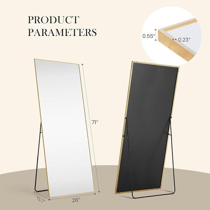 NEWBULIG Mirror Full Length, 71"x26" Body Wall Mirrors with Shatter-Proof Glass, Upgraded Floor Standing Mirror, Hanging or Leaning, with Stand Aluminum Alloy Frame for Home Decor, Bedroom, Gold